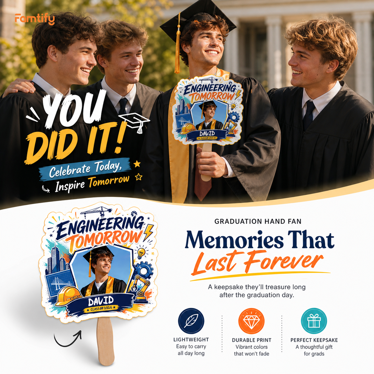 Personalized Engineering Tomorrow Custom Shape Photo Hand Fan, Graduation Fan with Photo & Name