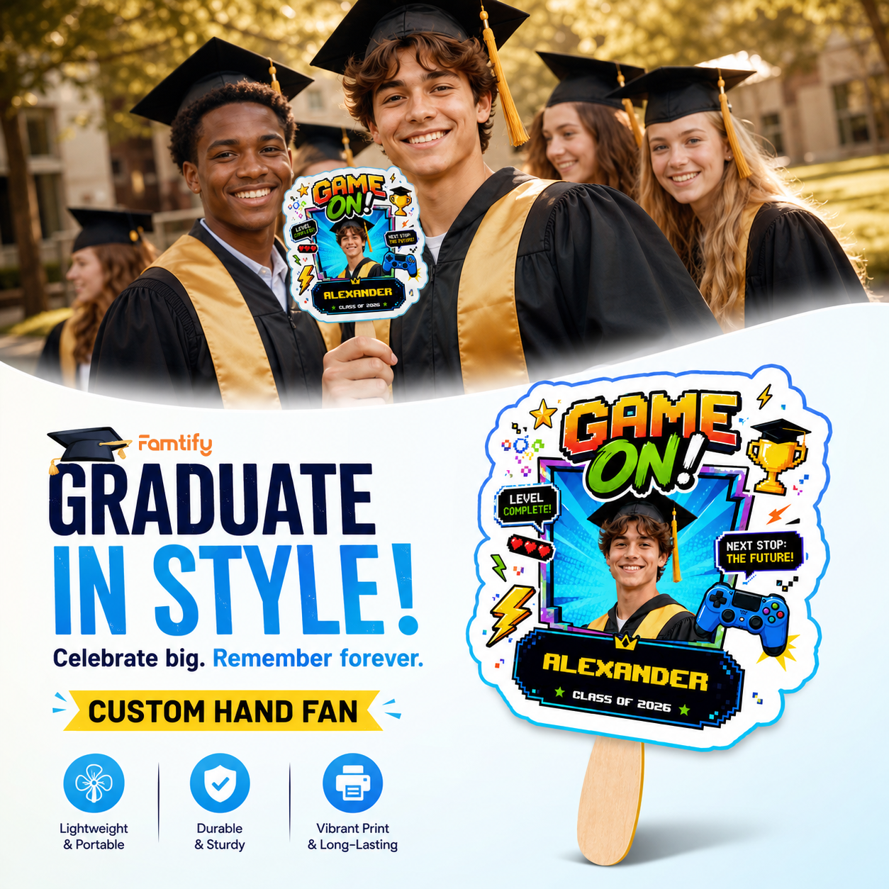 Personalized Game On Custom Shape Photo Hand Fan, Graduation Fan with Photo & Name