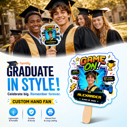 Personalized Game On Custom Shape Photo Hand Fan, Graduation Fan with Photo & Name