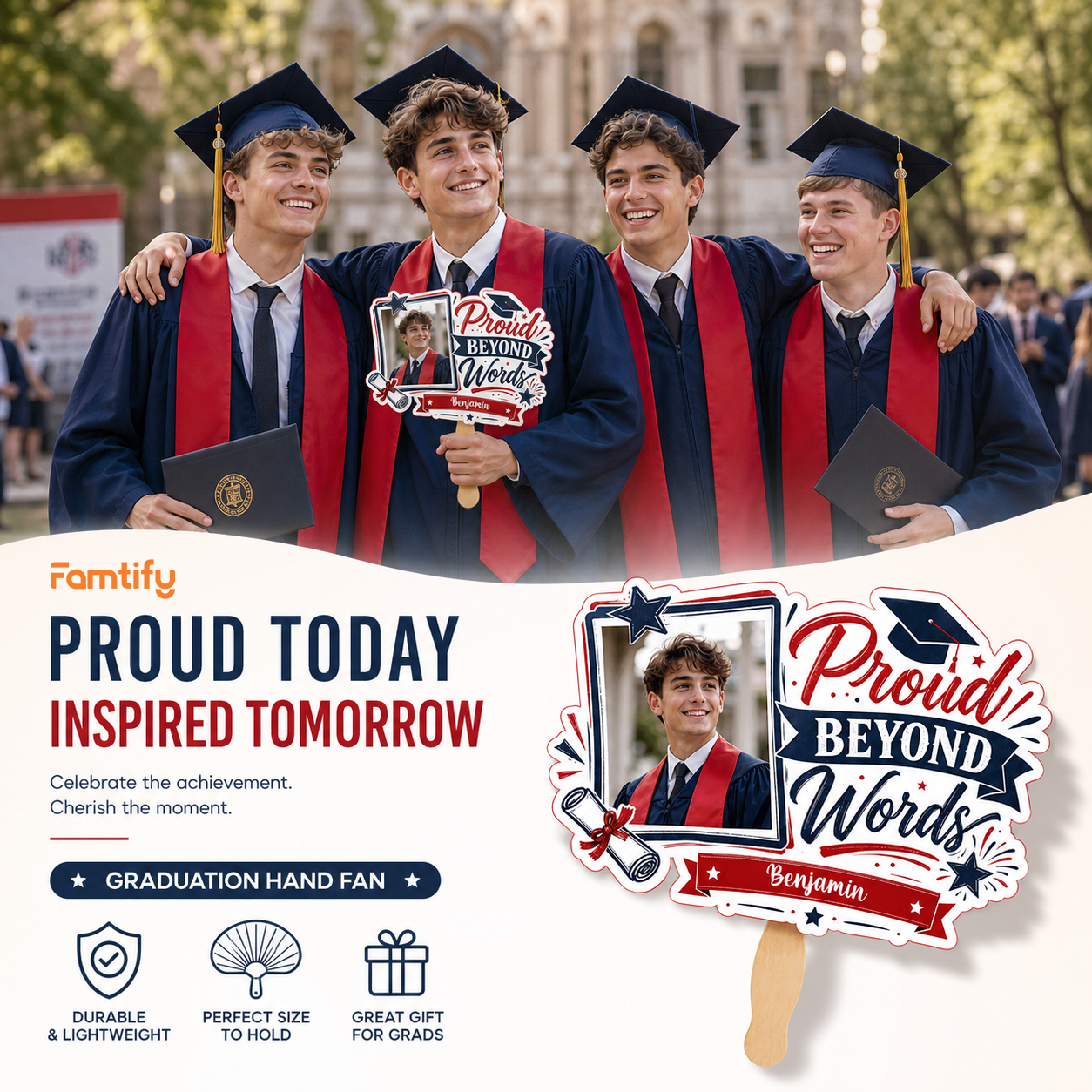 Personalized Proud Beyond Words Custom Shape Photo Hand Fan, Graduation Fan with Photo & Name