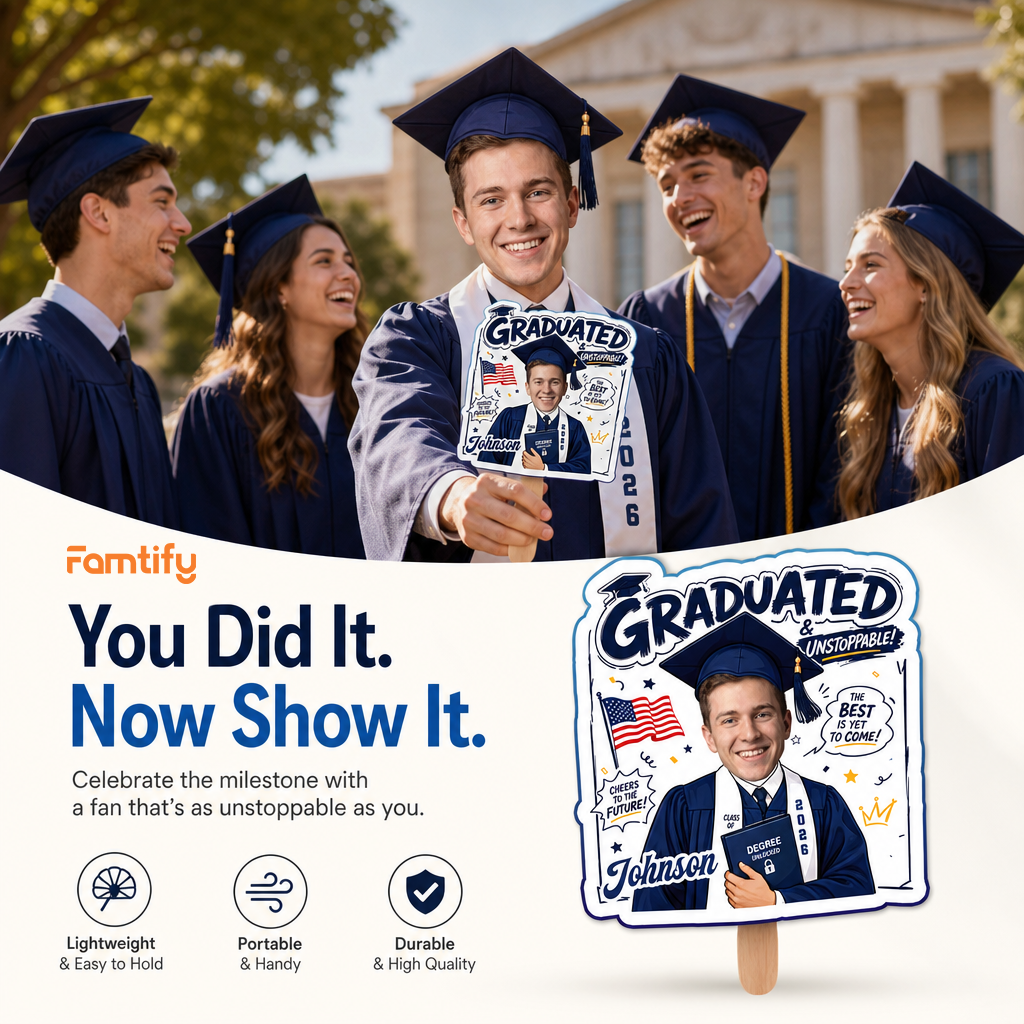 Graduated Cheers to the Future Custom Shape Photo Hand Fan with Photo, Name Graduation Party Fan