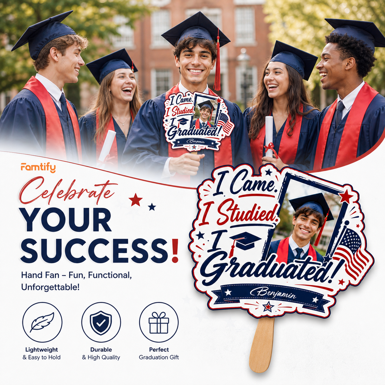 I Came I Studied I Graduated Custom Shape Photo Hand Fan with Photo, Name Graduation Party Fan