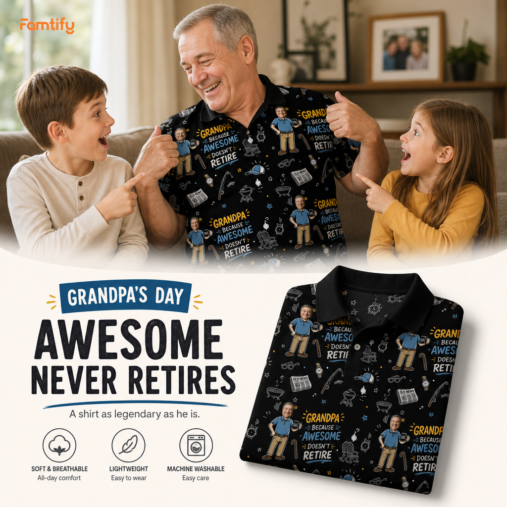Grandpa Because Awesome Doesn't Retire Custom Photo Hawaiian Shirt – Personalized Father's Day Gift for Grandpa
