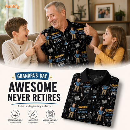 Grandpa Because Awesome Doesn't Retire Custom Photo Hawaiian Shirt – Personalized Father's Day Gift for Grandpa