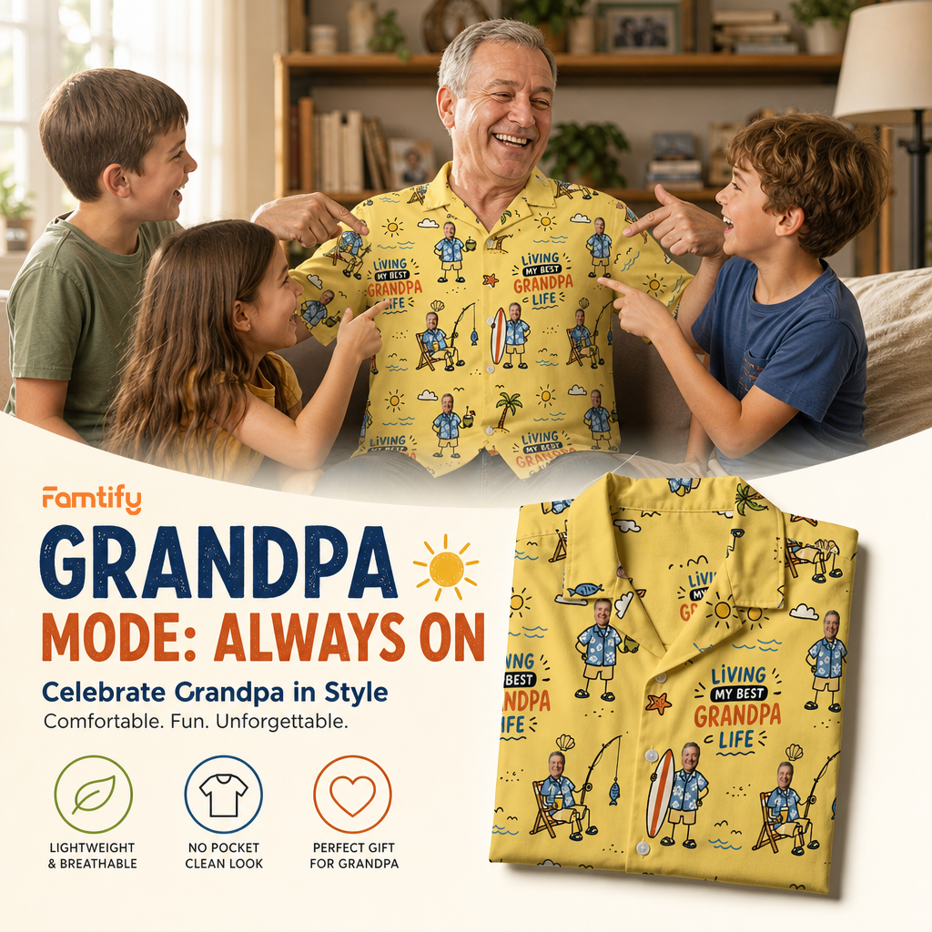 Living My Best Grandpa Life Custom Photo Hawaiian Shirt – Personalized Father's Day Gift for Grandpa | Tropical Fishing Vacation Shirt