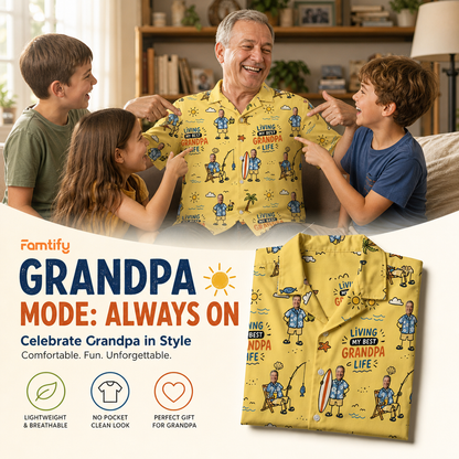 Living My Best Grandpa Life Custom Photo Hawaiian Shirt – Personalized Father's Day Gift for Grandpa | Tropical Fishing Vacation Shirt