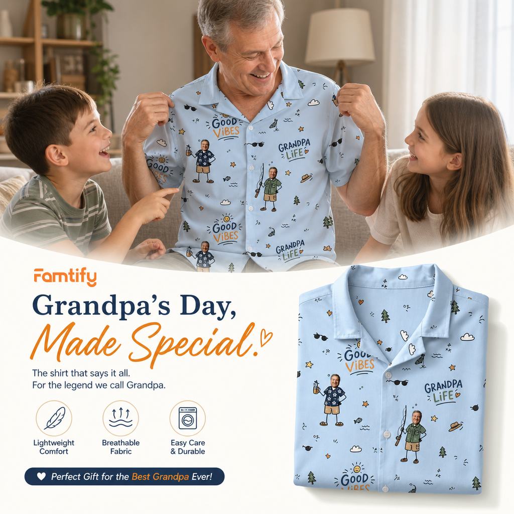 Good Vibes Grandpa Custom Photo Hawaiian Shirt – Personalized Father's Day Gift for Grandpa | Tropical Fishing & Vacation Shirt