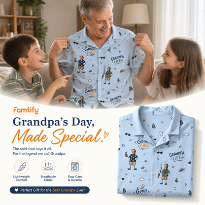Good Vibes Grandpa Custom Photo Hawaiian Shirt – Personalized Father's Day Gift for Grandpa | Tropical Fishing & Vacation Shirt