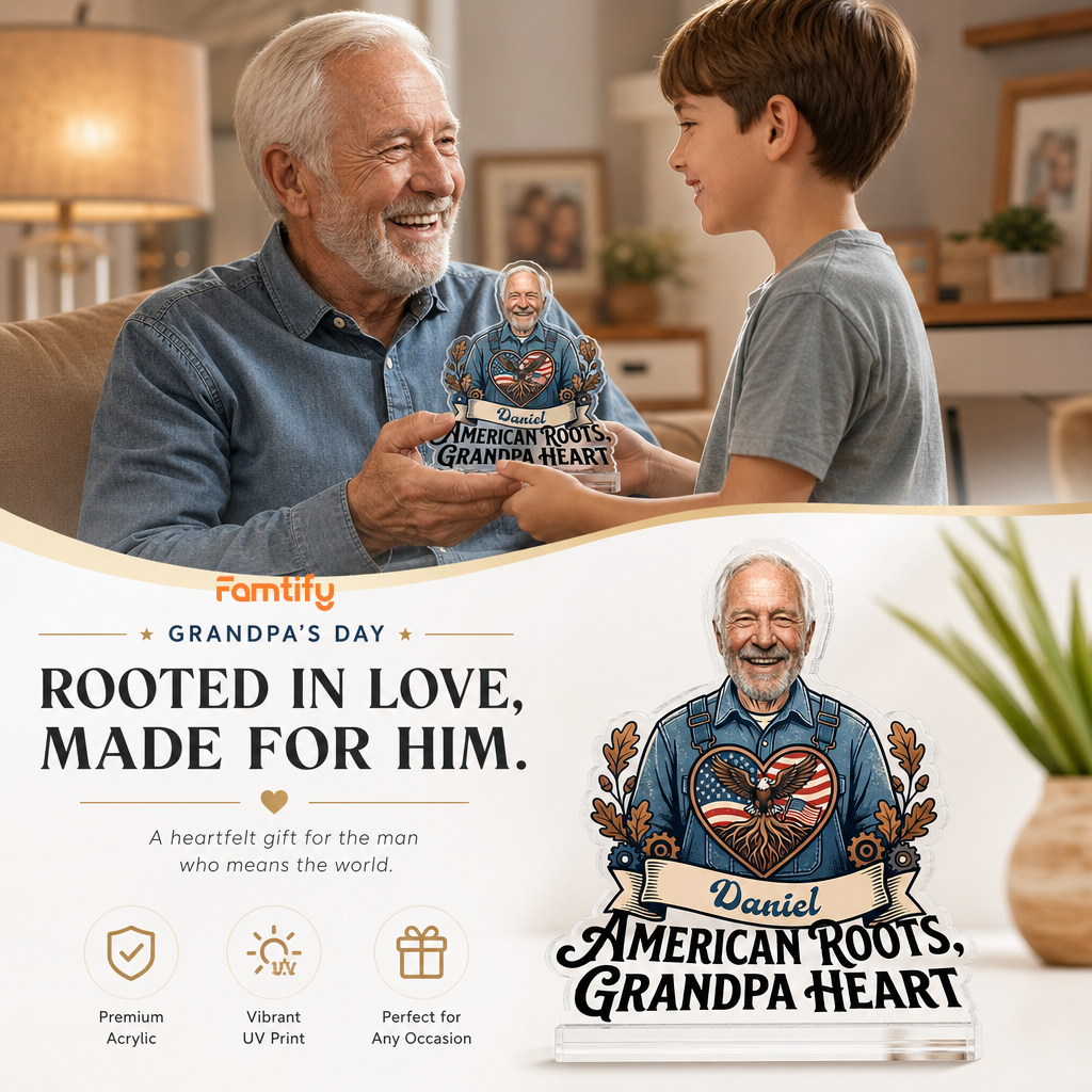 American Roots Grandpa Heart Acrylic Plaque – Personalized Photo Gift for Grandpa