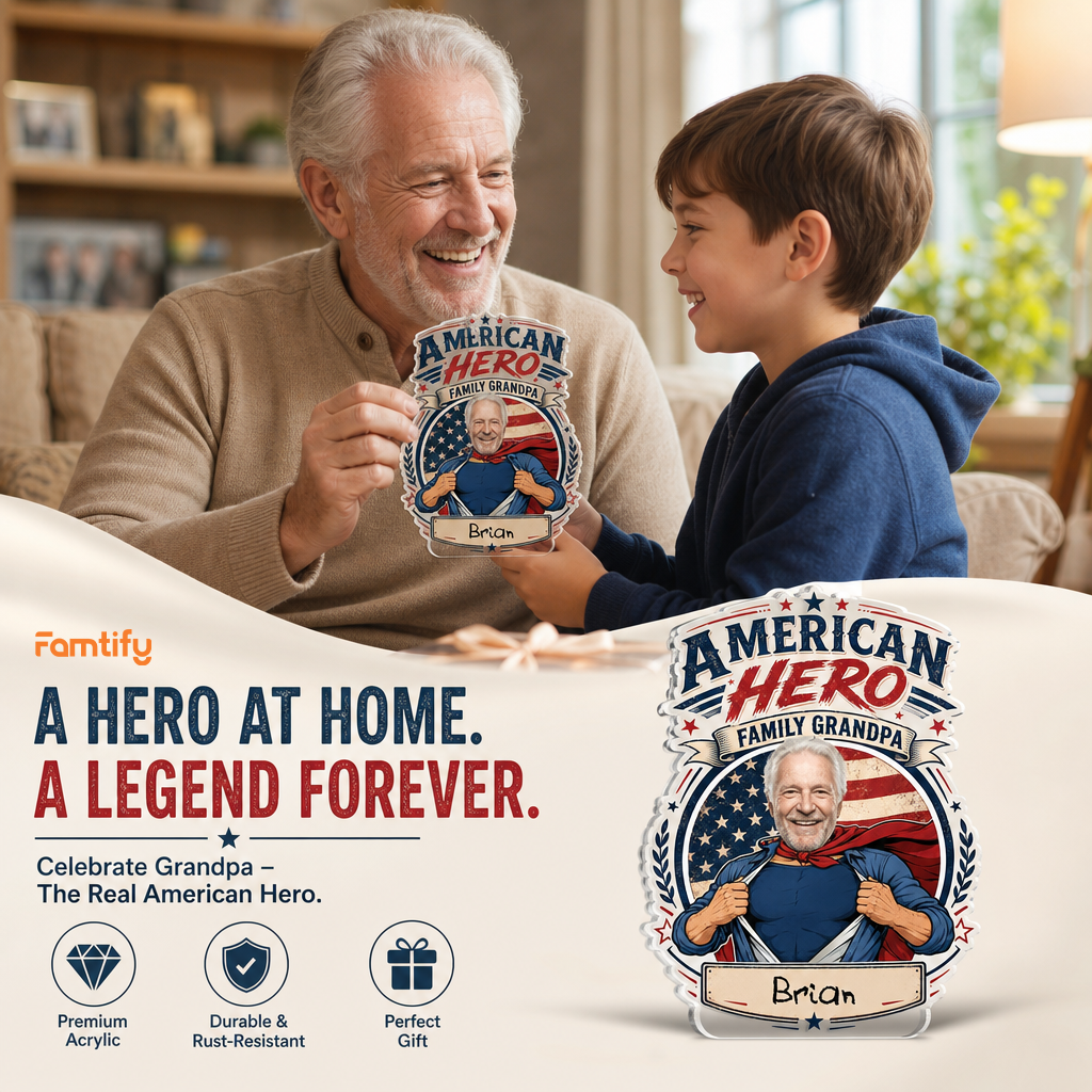 American Hero Grandpa Acrylic Plaque – Personalized Photo Gift for Grandpa