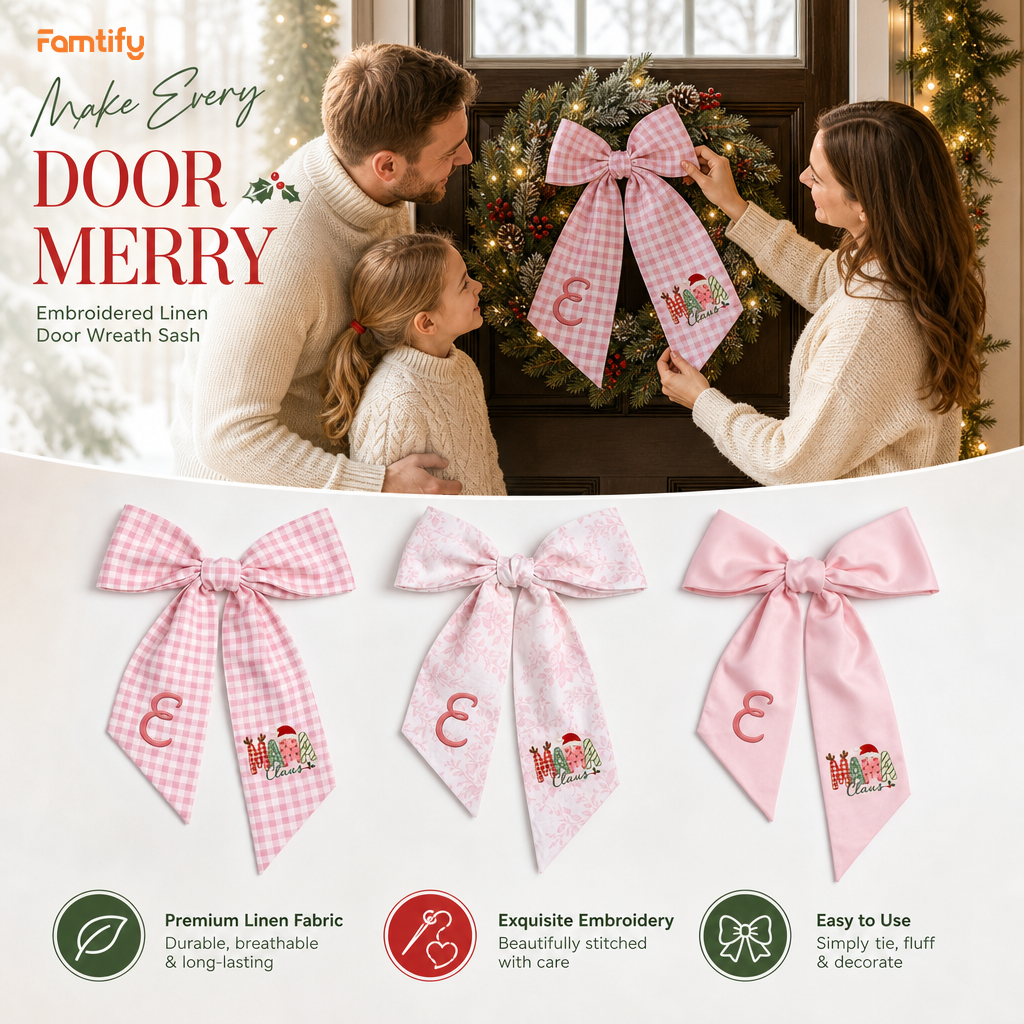 Custom Monogram Mama Claus Embroidered Linen Door Wreath Sash, Personalized Initial Santa Hat Reindeer Festive Typography Holiday Wreath Sash & Front Door Decor