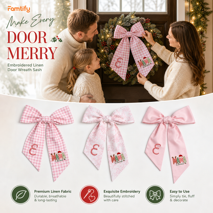 Custom Monogram Mama Claus Embroidered Linen Door Wreath Sash, Personalized Initial Santa Hat Reindeer Festive Typography Holiday Wreath Sash & Front Door Decor