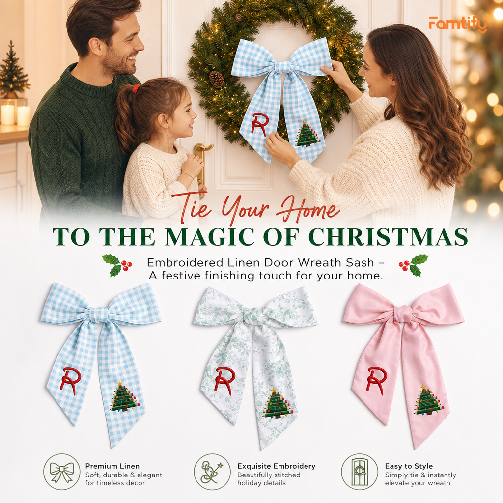 Custom Monogram Pencil Christmas Tree Embroidered Linen Door Wreath Sash, Personalized Initial Teacher School Pencil Tree Lights Holiday Wreath Sash & Front Door Decor