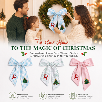 Custom Monogram Pencil Christmas Tree Embroidered Linen Door Wreath Sash, Personalized Initial Teacher School Pencil Tree Lights Holiday Wreath Sash & Front Door Decor