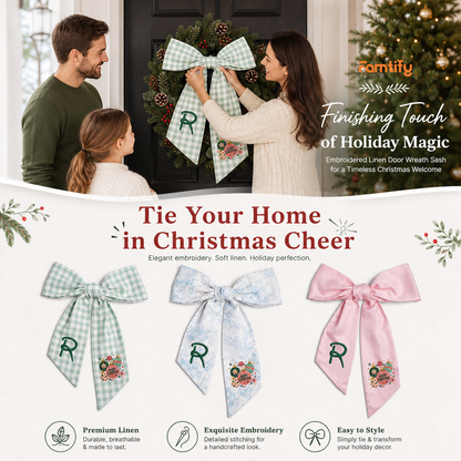 Custom Monogram Merry Christmas Ornaments Embroidered Linen Door Wreath Sash, Personalized Initial Festive Baubles Floral Holiday Wreath Sash & Front Door Decor