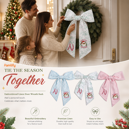 Custom Monogram Don't Stop Believin' Santa Embroidered Linen Door Wreath Sash, Personalized Initial Star Sunglasses Santa Quote Holiday Wreath Sash & Front Door Decor