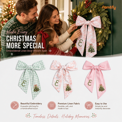 Custom Monogram Christmas Tree Embroidered Linen Door Wreath Sash, Personalized Initial Pink Bow Pine Tree Holiday Wreath Sash & Front Door Decor