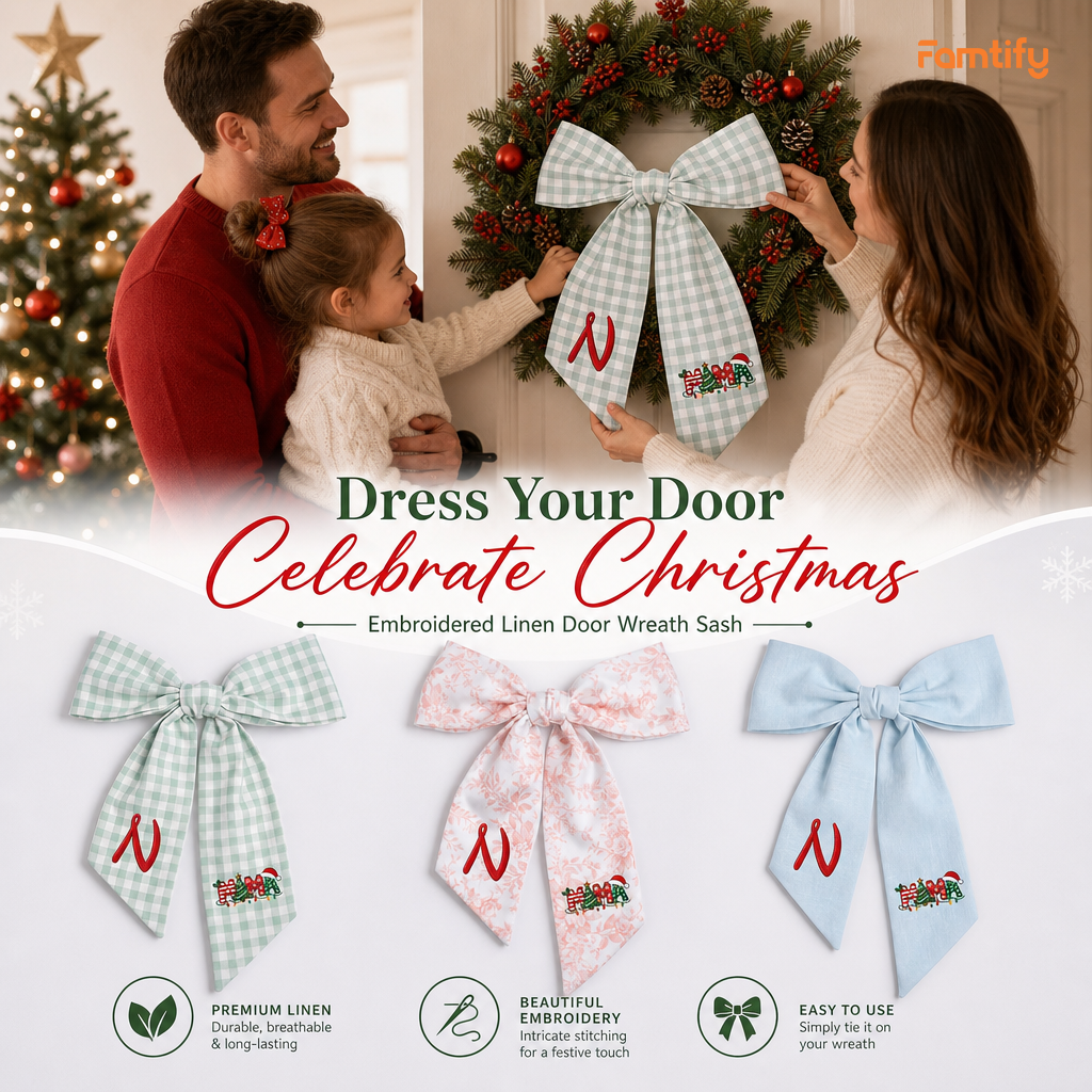 Custom Monogram Mama Embroidered Linen Door Wreath Sash, Personalized Initial Christmas Tree Lights Santa Hat Typography Holiday Wreath Sash & Front Door Decor