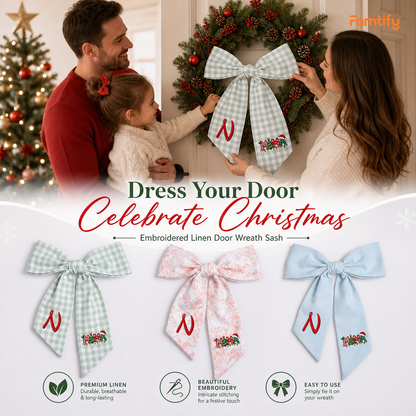 Custom Monogram Mama Embroidered Linen Door Wreath Sash, Personalized Initial Christmas Tree Lights Santa Hat Typography Holiday Wreath Sash & Front Door Decor