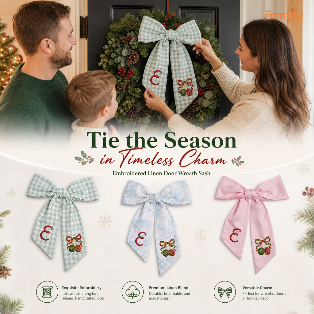 Custom Monogram Christmas Ornaments Embroidered Linen Door Wreath Sash, Personalized Initial Red Green Baubles Ribbon Holiday Wreath Sash & Front Door Decor