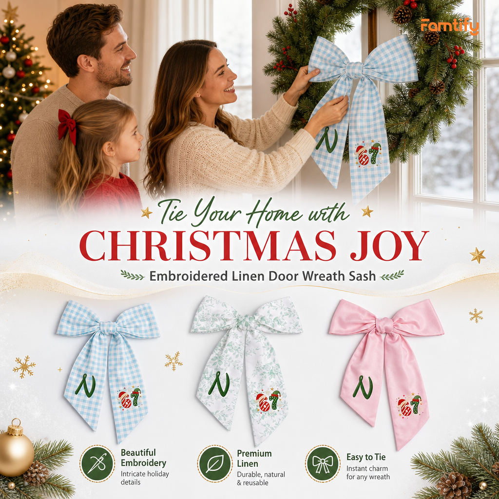 Custom Monogram Christmas 67 Santa Elf Hat Embroidered Linen Door Wreath Sash, Personalized Wreath Sash & Front Door Decor
