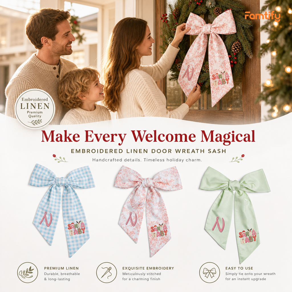 Custom Monogram Santa Baby Embroidered Linen Door Wreath Sash, Personalized Initial Retro Typography Reindeer Pink Tree Holiday Wreath Sash & Front Door Decor