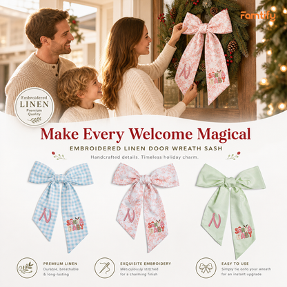 Custom Monogram Santa Baby Embroidered Linen Door Wreath Sash, Personalized Initial Retro Typography Reindeer Pink Tree Holiday Wreath Sash & Front Door Decor