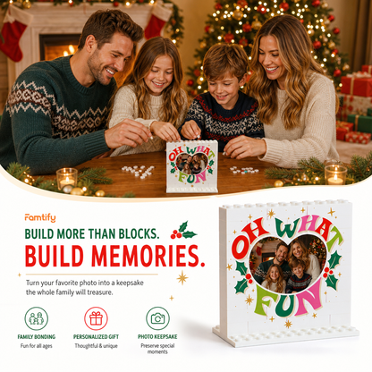Personalized Photo Christmas Building Block in White, Custom Family Picture Retro "OH WHAT FUN" Typography Brick Puzzle Keepsake Decor, Festive Holiday Desk Gift