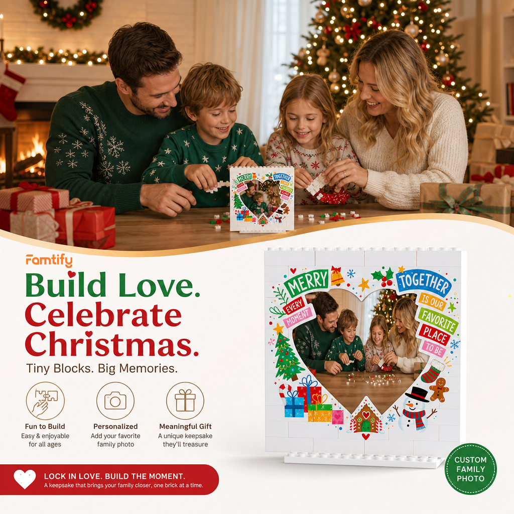 Personalized Photo Christmas Building Block in White, Custom Family Picture "Every Moment Together" Heart Brick Puzzle Keepsake Decor, Festive Holiday Desk Gift