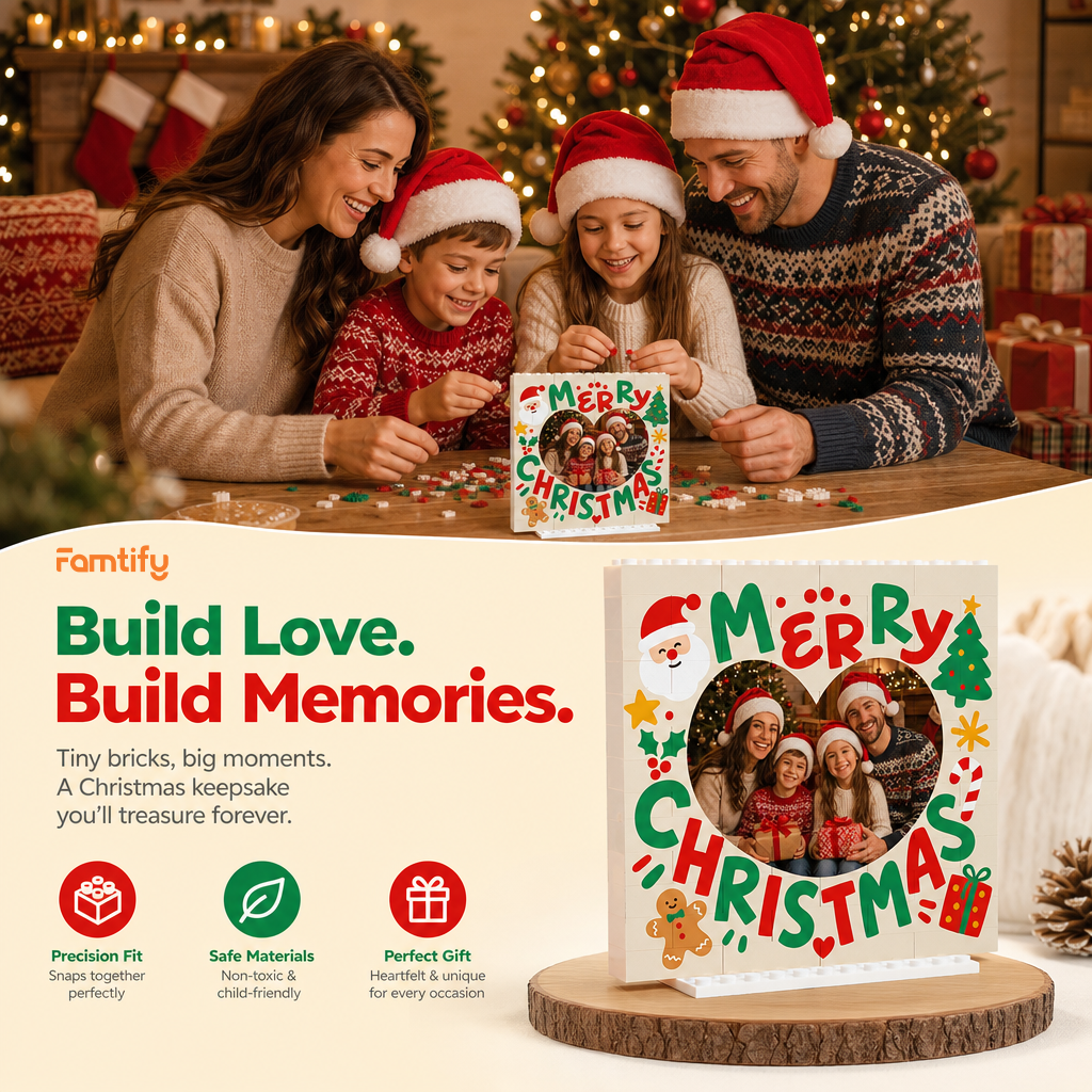 Personalized Photo Christmas Building Block in White, Custom Family Picture Merry Christmas Heart Brick Puzzle Keepsake Decor, Festive Holiday Desk Gift