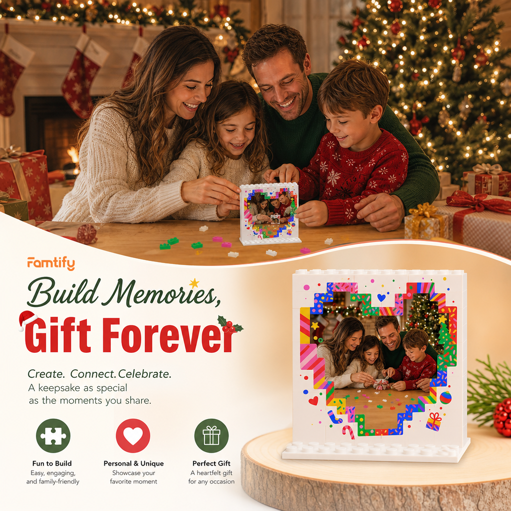 Personalized Photo Christmas Building Block in White, Custom Family Picture Pixel Heart & Colorful Confetti Brick Puzzle Keepsake Decor, Festive Holiday Desk Gift
