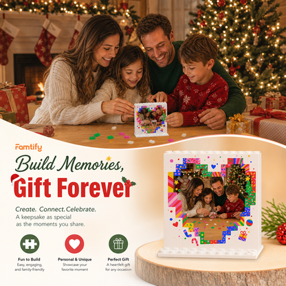 Personalized Photo Christmas Building Block in White, Custom Family Picture Pixel Heart & Colorful Confetti Brick Puzzle Keepsake Decor, Festive Holiday Desk Gift