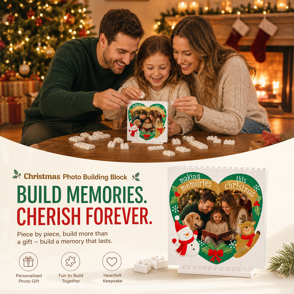 Personalized Photo Christmas Building Block in White, Custom Family Picture Reindeer & Snowman Heart Brick Puzzle Keepsake Decor, Festive Holiday Desk Gift