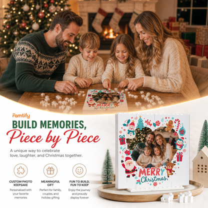 Personalized Photo Christmas Building Block in White, Custom Family Picture Santa Reindeer Penguin & Snowman Wreath Brick Puzzle Keepsake Decor, Festive Holiday Desk Gift