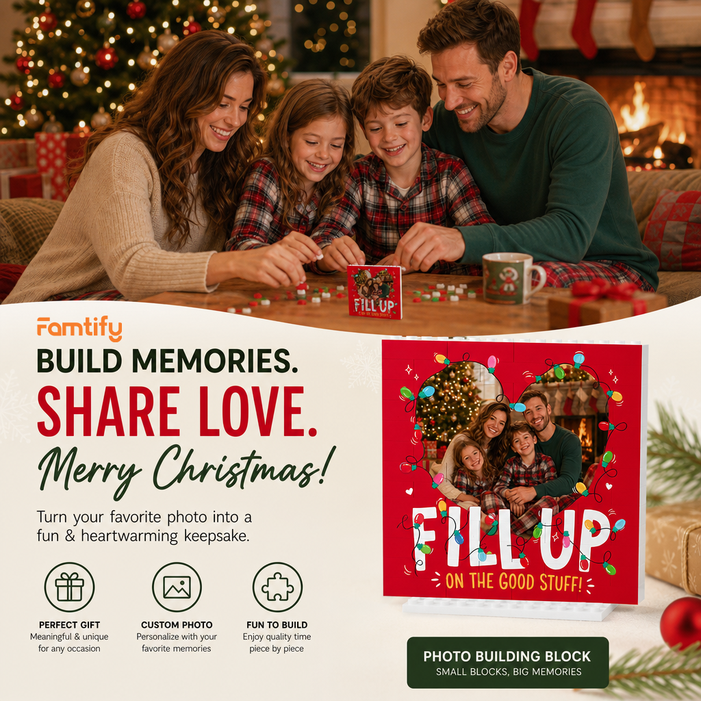 Personalized Photo Christmas Building Block in Festive Red, Custom Family Picture Xmas Fairy Lights "Fill Up On The Good Stuff" Brick Puzzle Keepsake Decor, Holiday Desk Gift