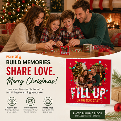 Personalized Photo Christmas Building Block in Festive Red, Custom Family Picture Xmas Fairy Lights "Fill Up On The Good Stuff" Brick Puzzle Keepsake Decor, Holiday Desk Gift