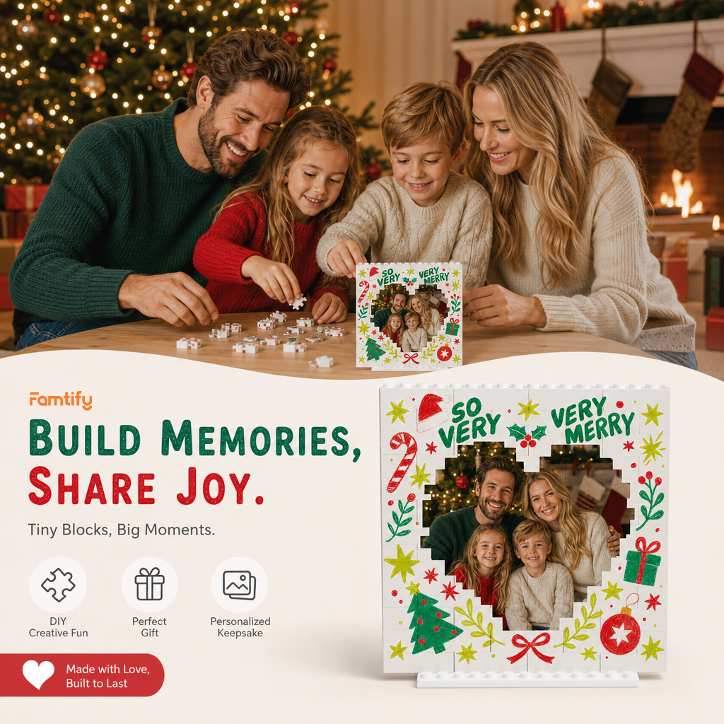 Personalized Photo Christmas Building Block in White, Custom Family Picture Doodle "So Very Very Merry" Heart Brick Puzzle Keepsake Decor, Festive Holiday Desk Gift