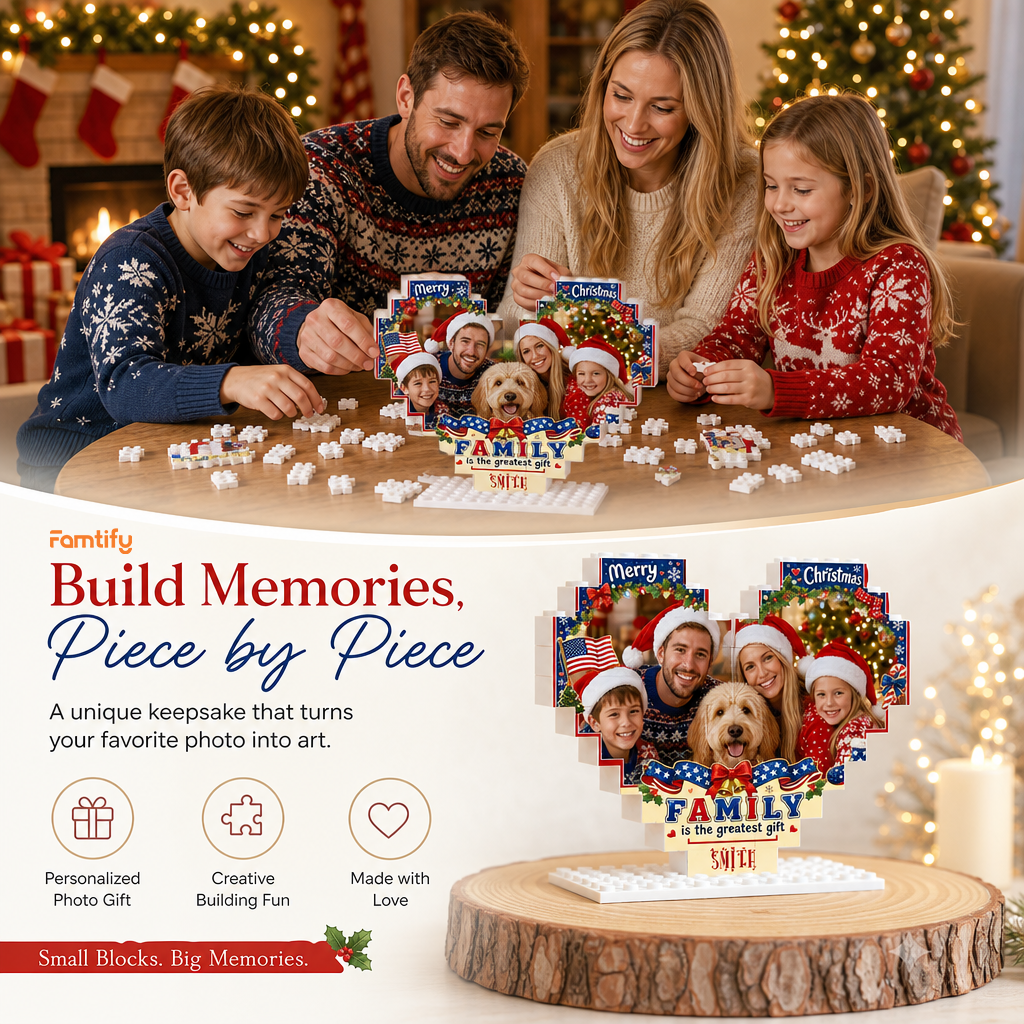 Personalized Photo Heart Building Block in Navy Blue, Red & White, Custom Family Picture Patriotic American Flag Xmas Brick Puzzle Keepsake Decor, Festive Christmas Desk Gift