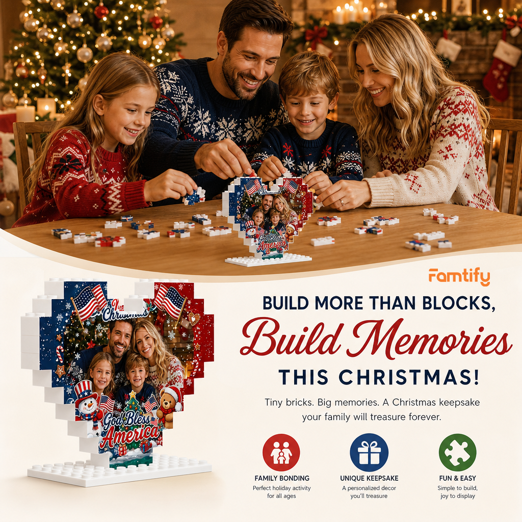 Personalized Photo Heart Building Block in Navy Blue, Red & White, Custom Family Picture Patriotic God Bless America Xmas Brick Puzzle Keepsake Decor, Festive Christmas Desk Gift