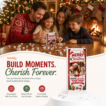 Personalized Photo Christmas Building Block in Red Plaid & Cream, Custom Family Picture Rustic Snowman & Gingerbread Brick Puzzle Keepsake Decor, Festive Holiday Desk Gift