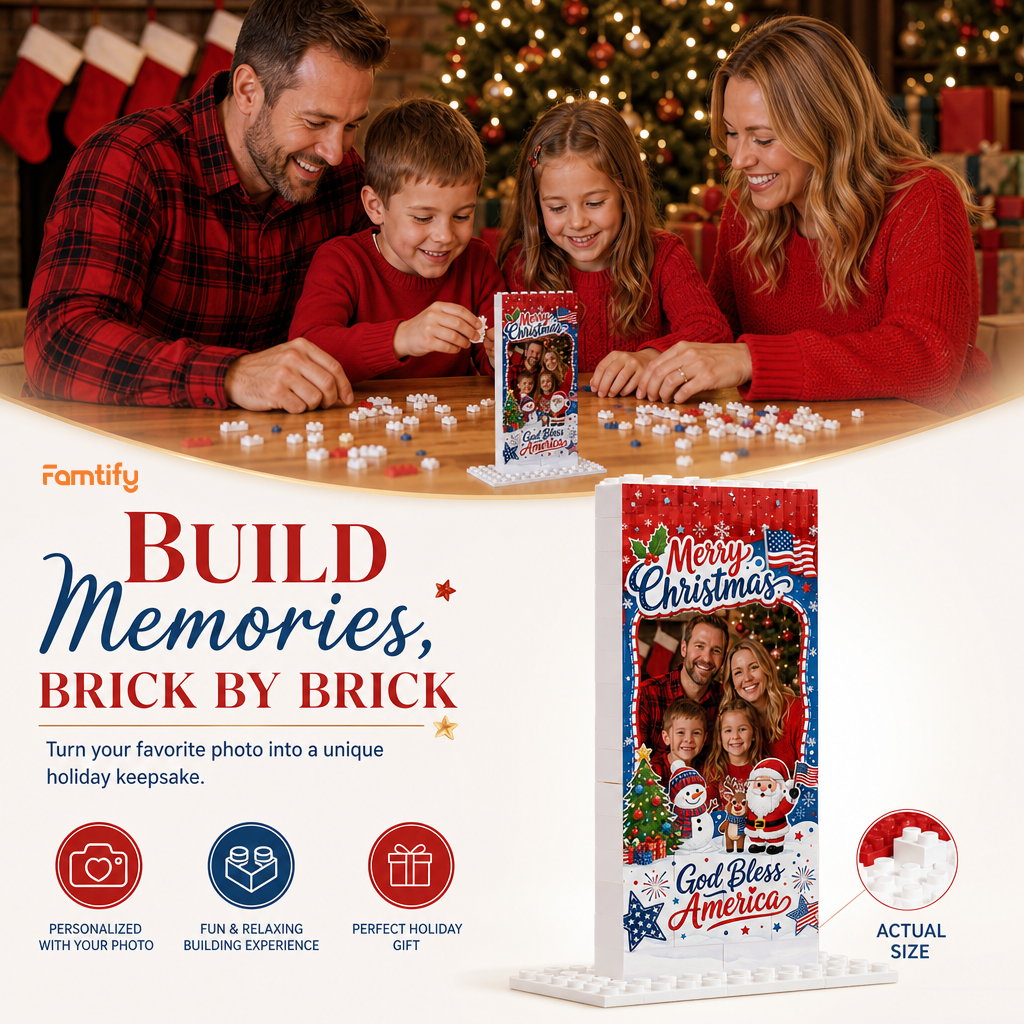 Personalized Photo Christmas Building Block in Navy Blue, Red & White, Custom Family Picture Patriotic God Bless America Santa Brick Puzzle Keepsake Decor, Festive Holiday Desk Gift