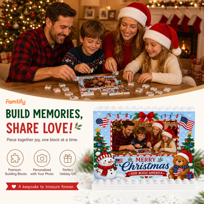 Personalized Photo Horizontal Christmas Building Block in Sky Blue & Red, Custom Family Picture Patriotic God Bless America Snowman Brick Puzzle Keepsake Decor, Festive Holiday Desk Gift