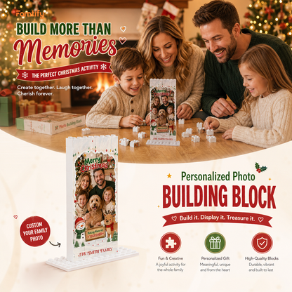 Personalized Photo Christmas Building Block in Light Blue & Off-White, Custom Family Picture Snowman & Reindeer Brick Puzzle Keepsake Decor, Festive Holiday Desk Gift