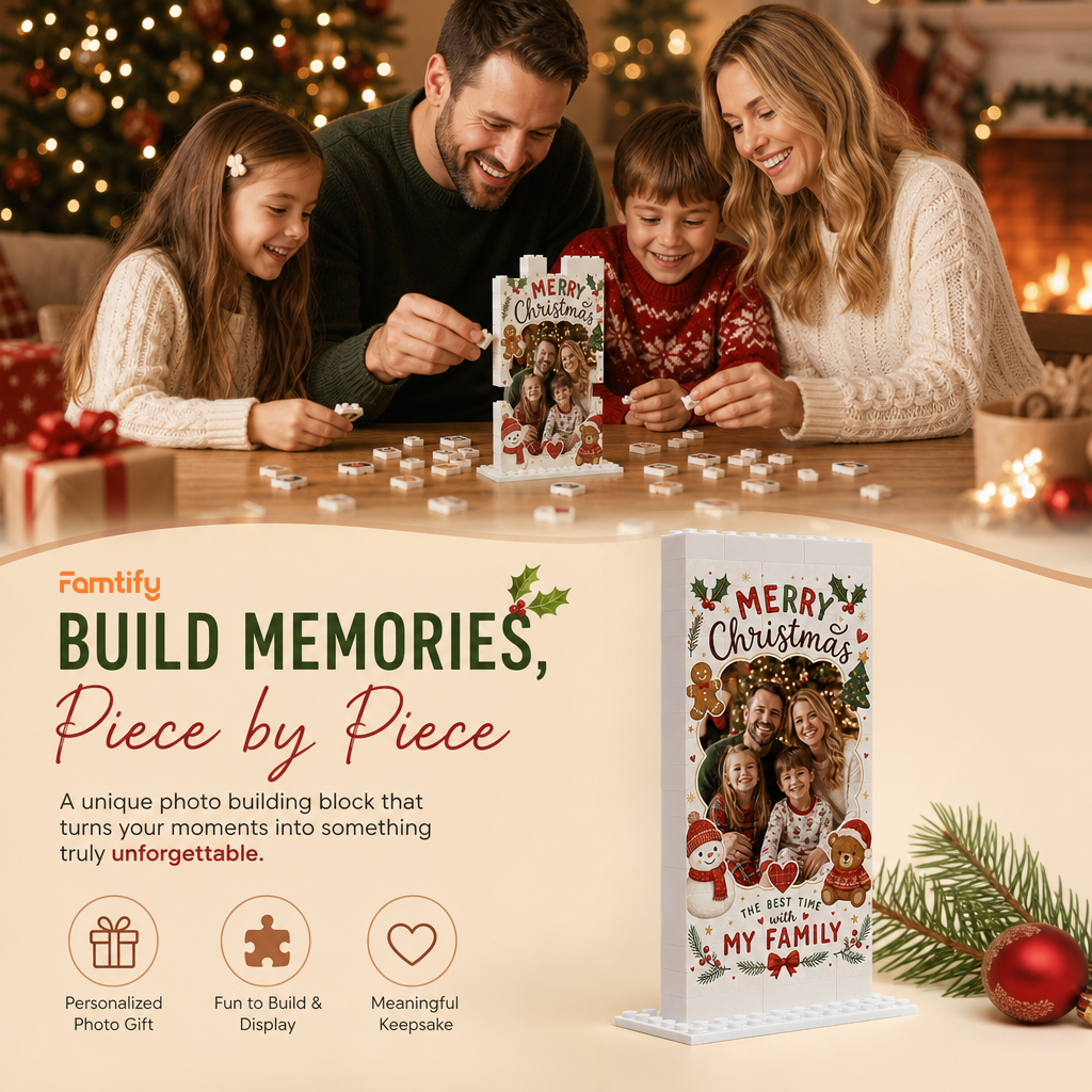 Personalized Photo Christmas Building Block in Warm Cream & Red, Custom Family Picture Vintage Snowman & Teddy Bear Brick Puzzle Keepsake Decor, Festive Holiday Desk Gift