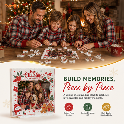 Personalized Photo Christmas Building Block in Off-White & Red, Custom Family Picture Vintage Santa Gingerbread Brick Puzzle Keepsake Decor, Festive Holiday Desk Gift