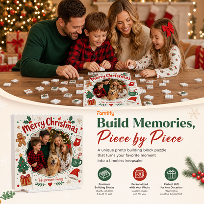 Personalized Photo Christmas Building Block in Warm Off-White, Custom Family Picture Vintage Gingerbread & Stocking Brick Puzzle Keepsake Decor, Festive Holiday Desk Gift