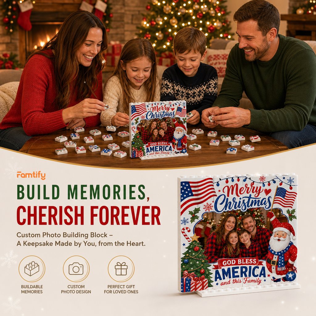 Personalized Photo Christmas Building Block in Off-White & Red, Custom Family Picture Patriotic American Flag Santa Brick Puzzle Keepsake Decor, Festive Holiday Desk Gift