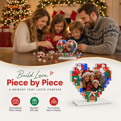 Personalized Photo Heart Building Block in Red & Blue, Custom Family Picture Gingerbread House & Nutcracker Xmas Brick Puzzle Keepsake Decor, Festive Christmas Desk Gift