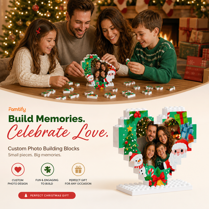 Personalized Photo Heart Building Block in Emerald Green & Red, Custom Family Picture Santa & Snowman Xmas Brick Puzzle Keepsake Decor, Festive Christmas Desk Gift