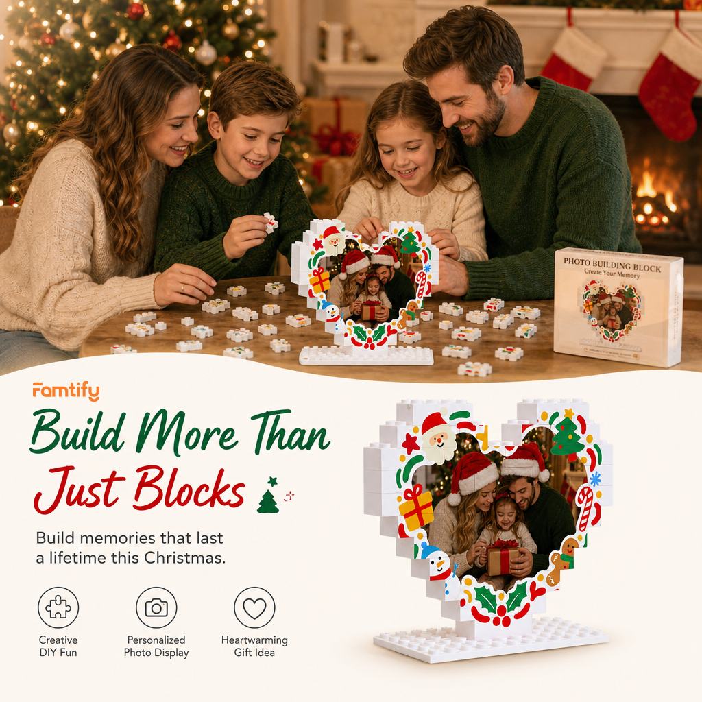 Personalized Photo Heart Building Block in White & Red, Custom Family Picture Doodles Santa & Snowman Brick Puzzle Keepsake Decor, Festive Christmas Desk Gift